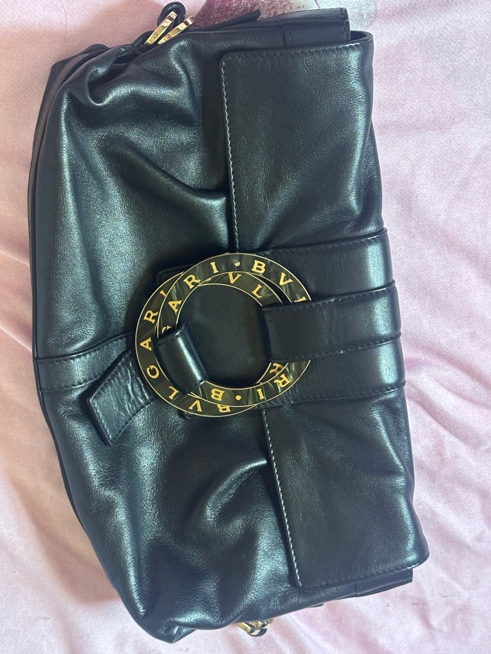 Bulgari Chandra Black Leather bag with Gold Logo Ring